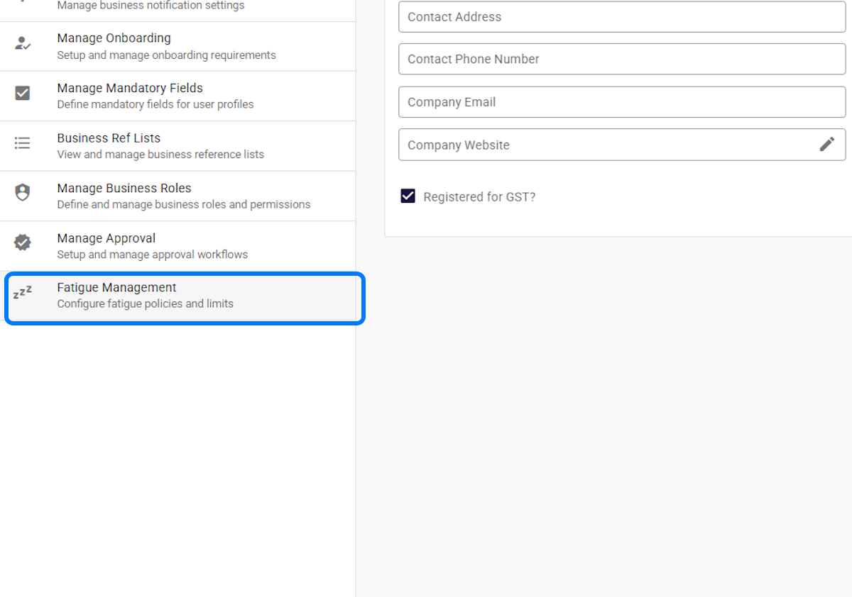 The fatigue management option in Humanz business settings, where the plan's limits become configured policies