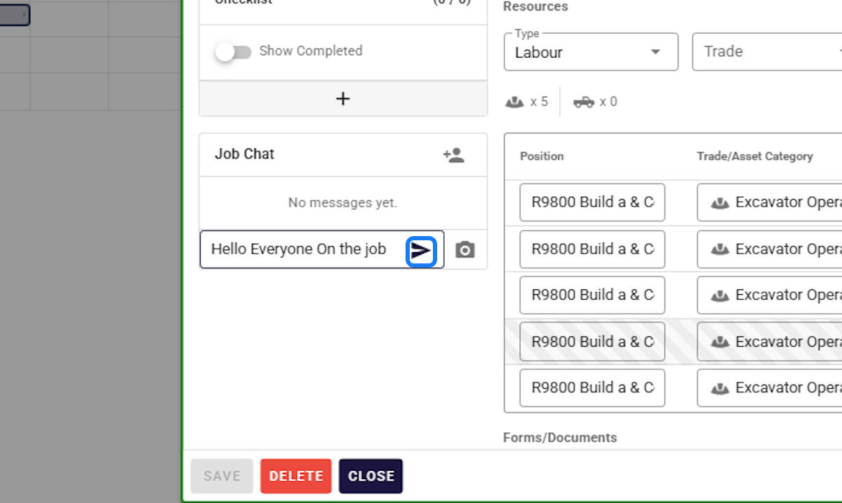 A Humanz job card listing five positions, each with its trade category, beside the job chat
