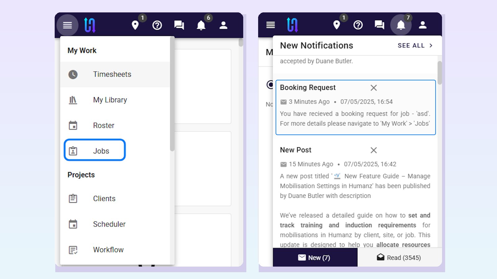 Humanz mobile app showing the My Work menu and a booking request notification for a job