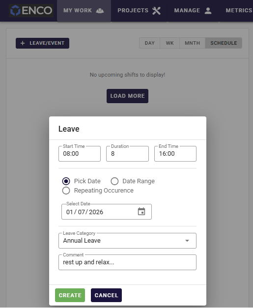 Leave request screen in the Humanz mobile app