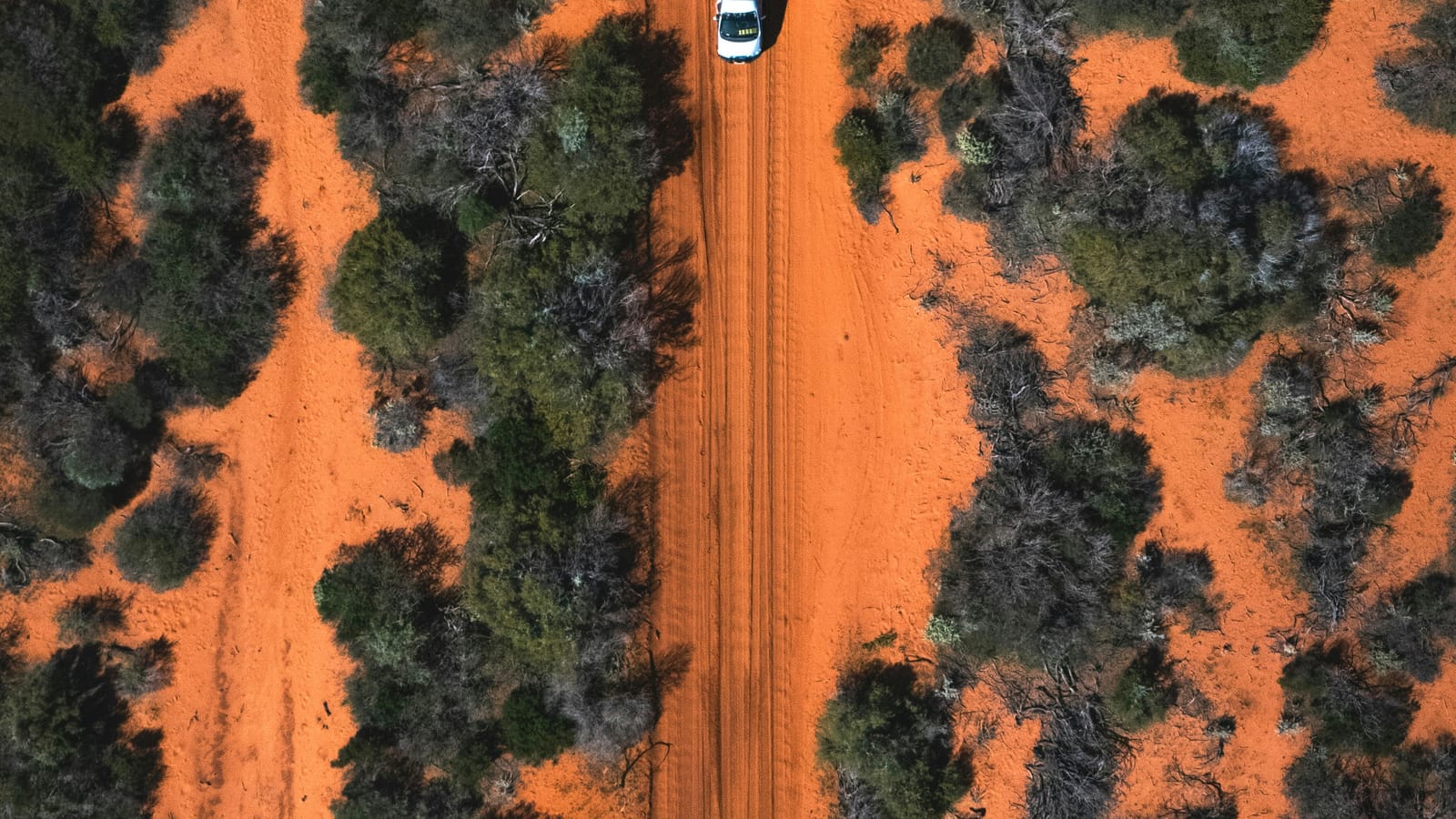 Aerial view of a single white four-wheel drive on a red dirt track through outback scrub, the only vehicle for kilometres