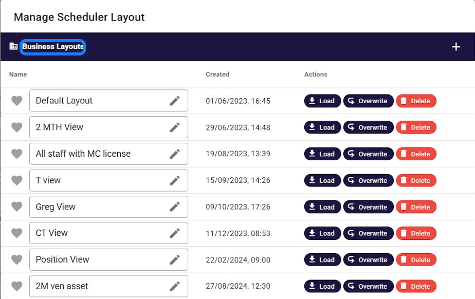 Managing saved scheduler layouts in Humanz — named business layouts that any planner can load, overwrite or share