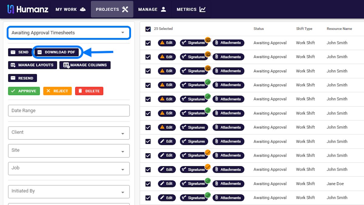 Humanz timesheet approval hub with a queue of submitted timesheets, bulk selection and approve, reject and download actions