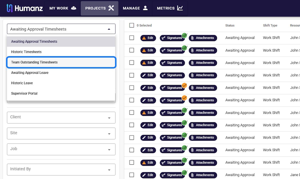 Humanz workflow views: awaiting approval timesheets, historic timesheets, team outstanding timesheets, leave approvals and the supervisor portal