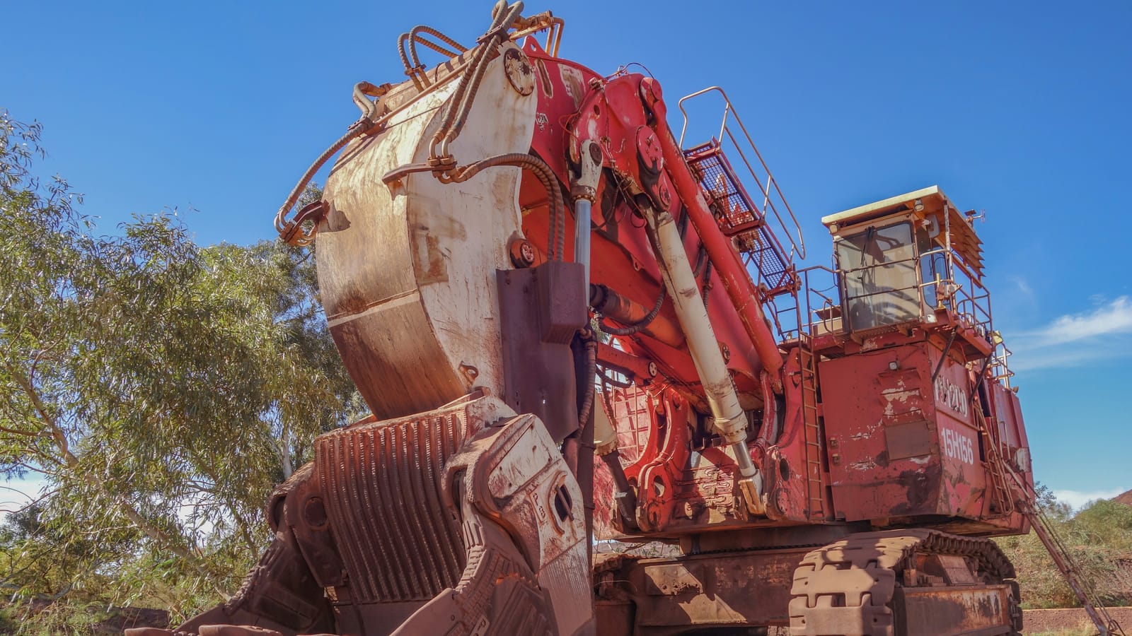 A mining face shovel stained with red Pilbara dust beside gum trees on a Western Australian site, the world the roster rules have to work in