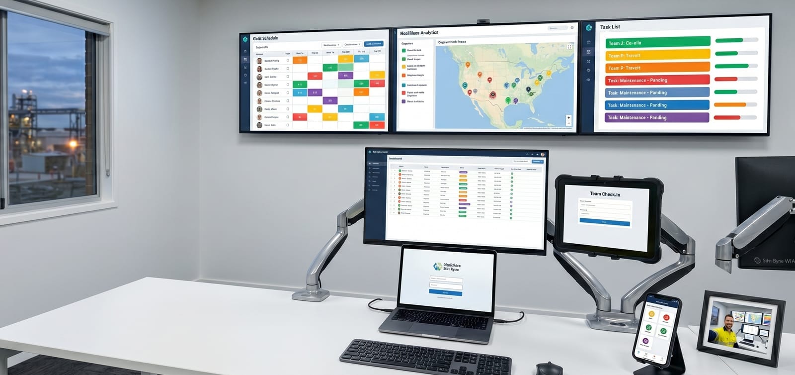 Diverse team using a mix of desktop and mobile devices for workforce management in a modern workplace