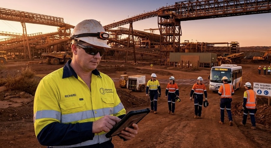 Mining shift workers at dawn with a coordinator monitoring fatigue compliance on a tablet