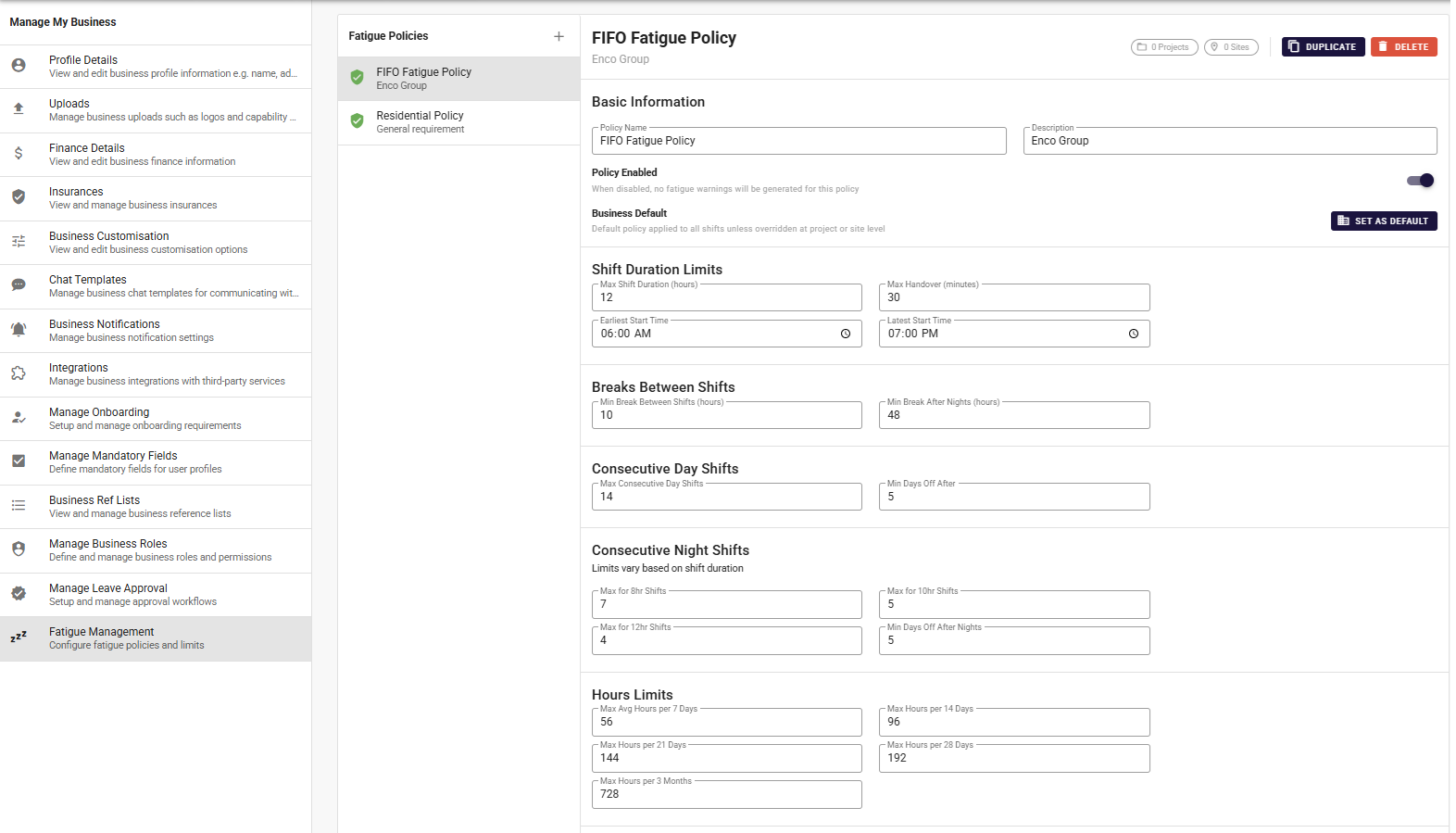 Humanz fatigue policy builder showing shift duration limits, breaks between shifts, consecutive shift caps and rolling hours limits