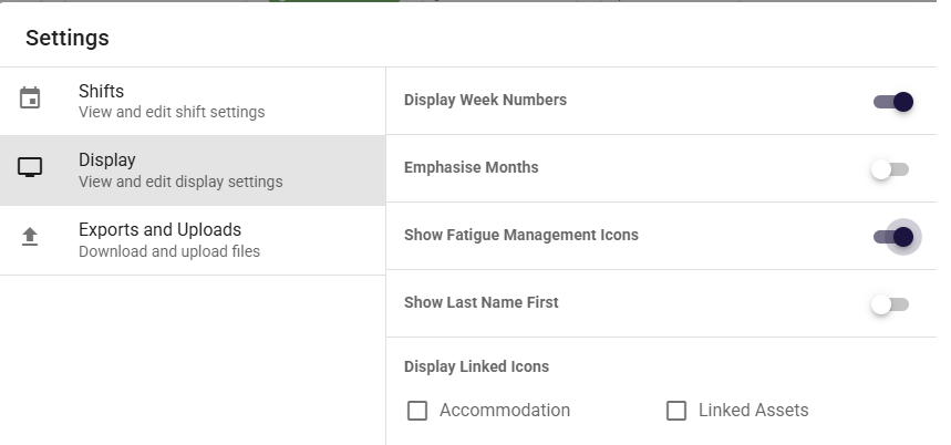 Humanz display settings with the Show Fatigue Management Icons toggle enabled