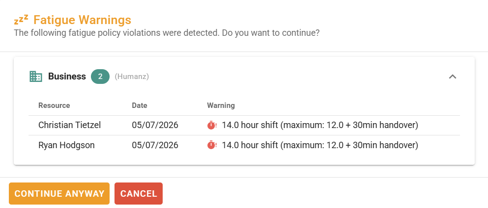 Humanz fatigue policy violation warning listing 14-hour shift breaches with continue or cancel options