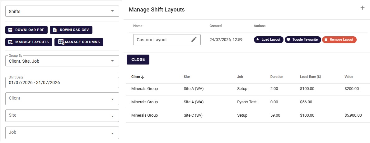 Humanz shift reporting grouped by client, site and job with rates, values and export options