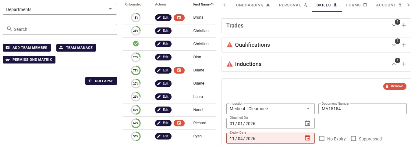 Humanz team view with onboarding progress and a worker's qualifications and inductions flagged for expiry
