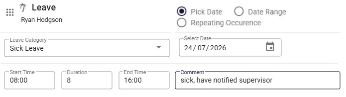 Entering sick leave in Humanz with the option to remove all of the worker's shifts for the day
