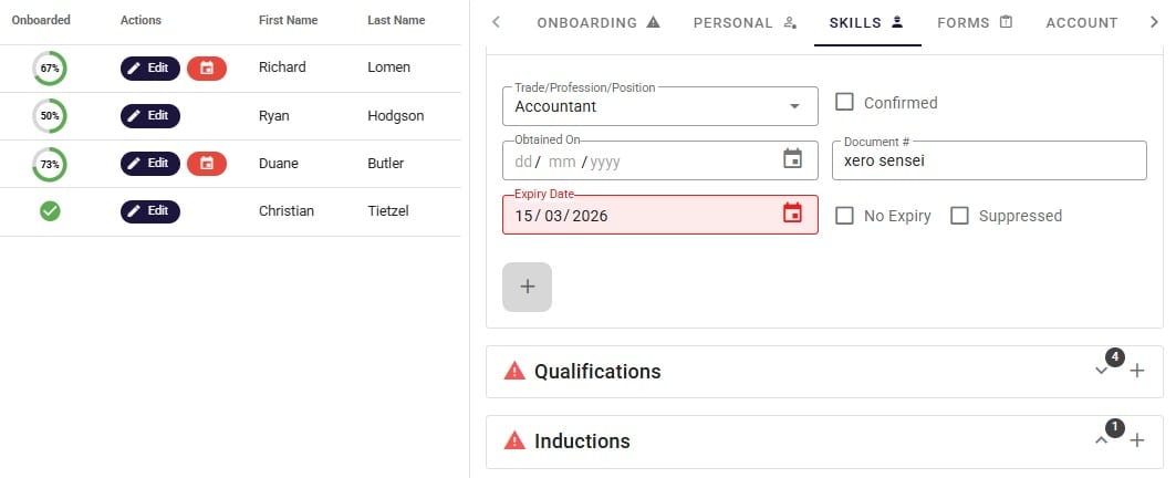 Credential expiries flagged in red across worker profiles in Humanz
