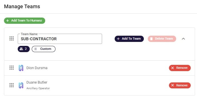 Humanz subcontractor compliance profile showing insurances, licences and documents