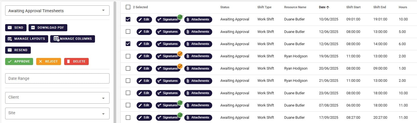 On-hire timesheets in Humanz, approved once and feeding both payroll and invoicing