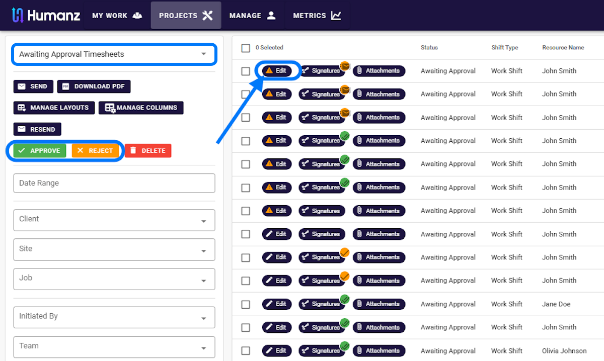 The Humanz approvals queue with approve and reject actions, and signature and attachment status on each timesheet