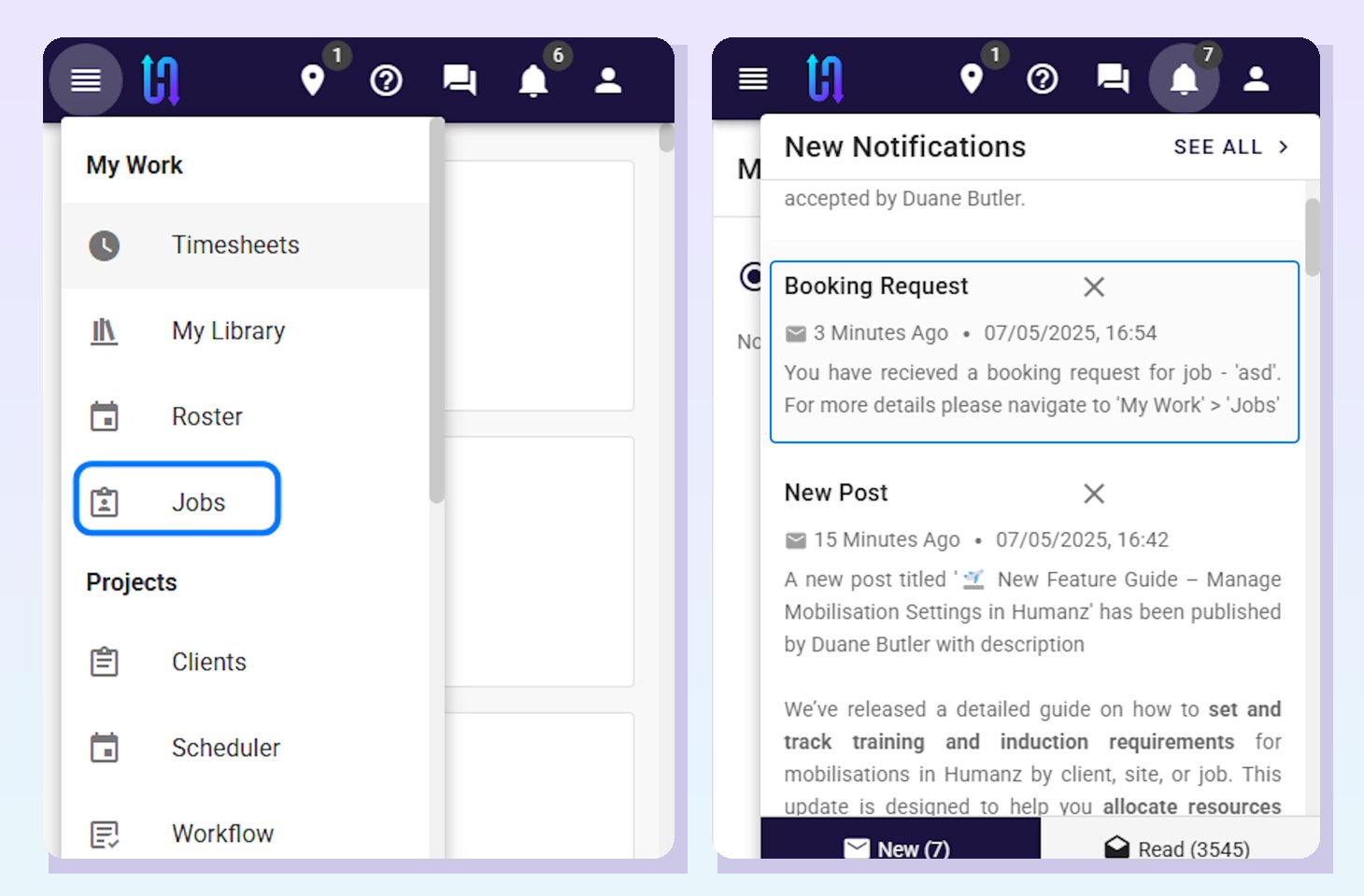 The Humanz mobile app menu and notifications an on-hire worker lives in